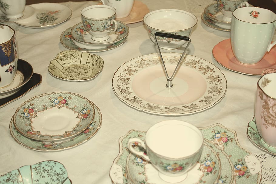 Tea Set, Tea Party, Teapot, Cups, Filter, vintage, retro, plates, HD wallpaper