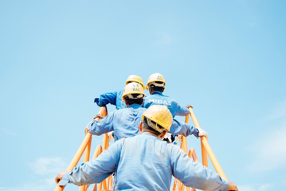 group of person on stairs, four people climbing stair under blue sky, HD wallpaper