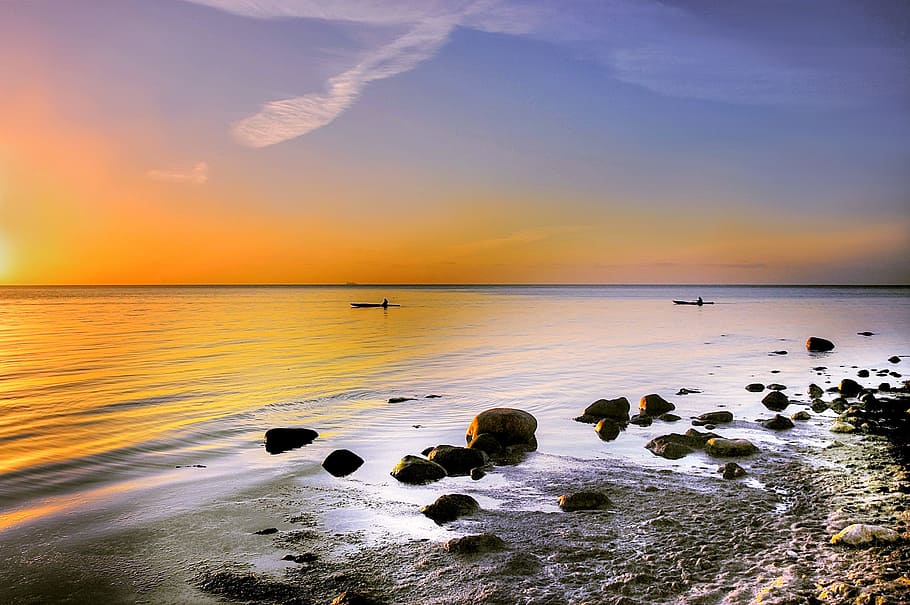 sunset over the horizon, Món, Sunny, Nature, Blue, Lake, hell HD wallpaper