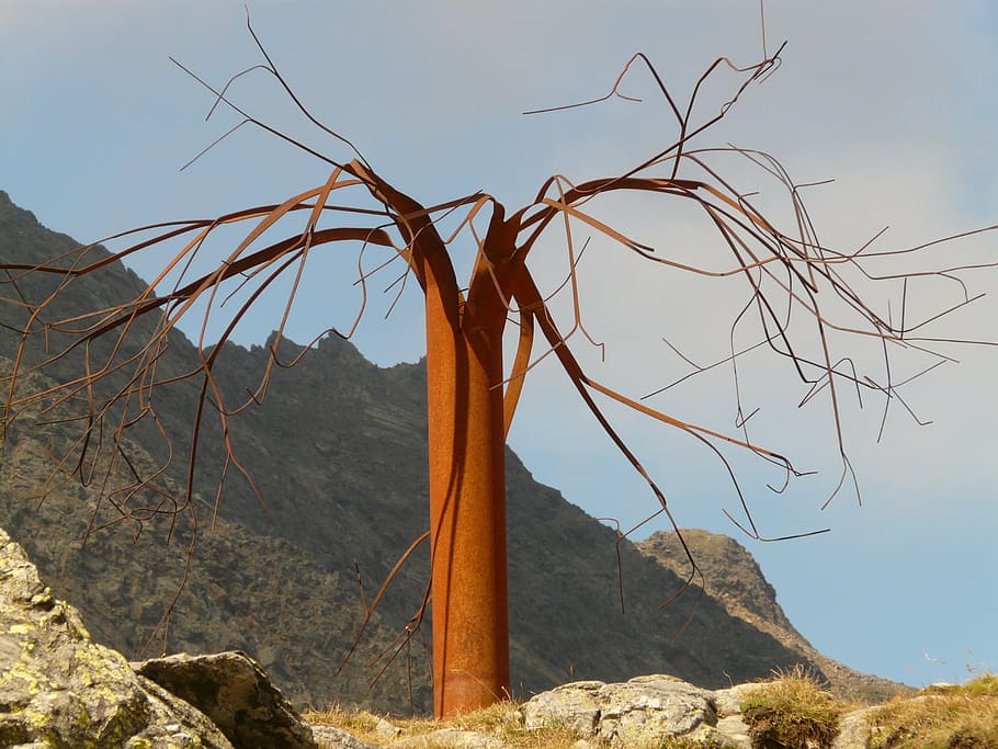 tree, abstract, metal, metal tree, timmelsjoch, art, mountain HD wallpaper