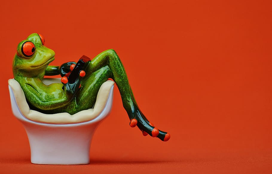 green frog sitting on egg chair, cozy, tablet, pc, computer, cute, HD wallpaper