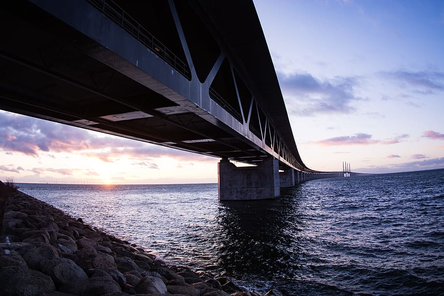 Black Bridge during Sunset, architecture, bay, clouds, connection HD wallpaper