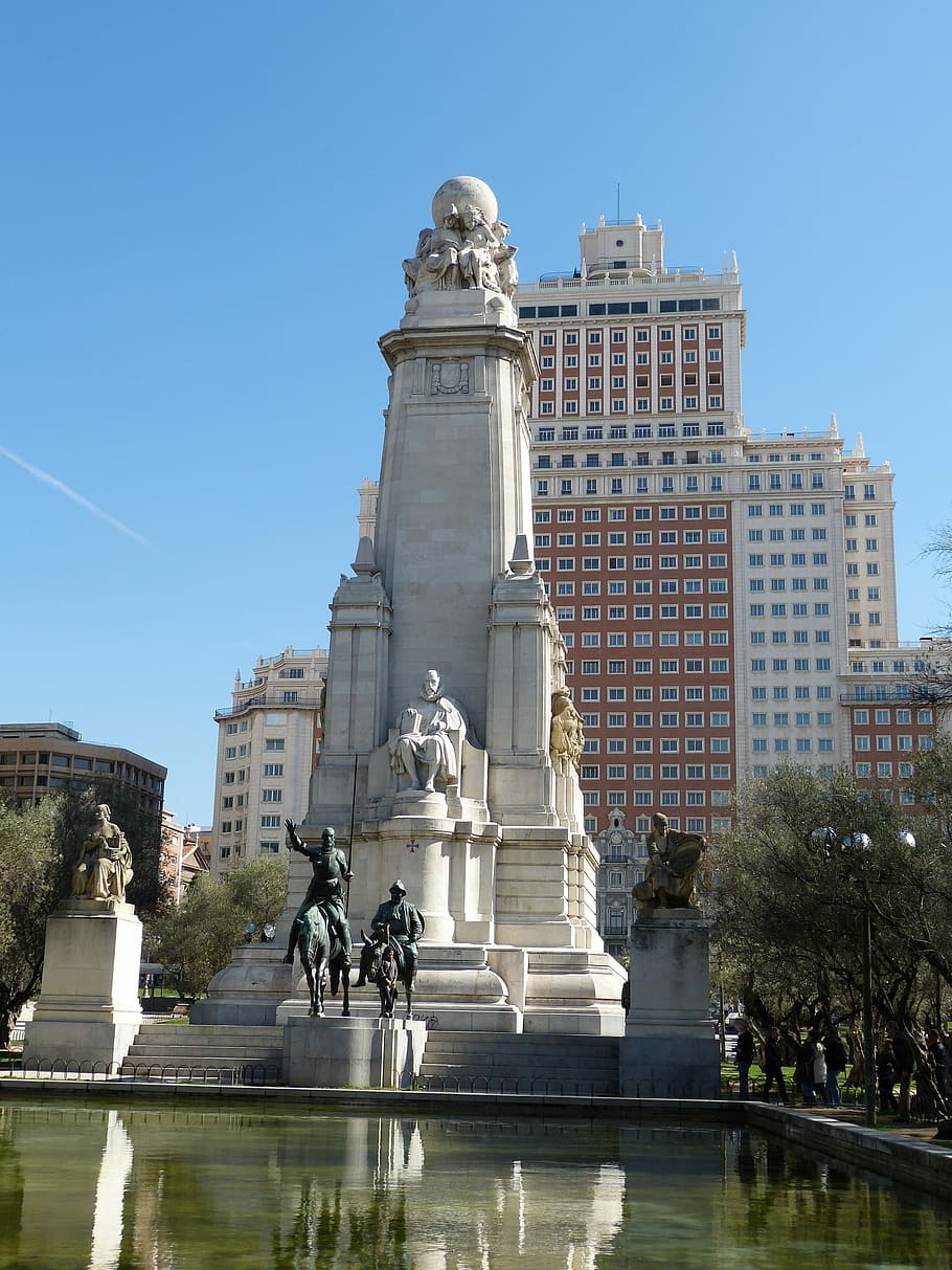 Madrid, Spain, Monument, Space, Statue, cervantes, poet, don quijote, HD wallpaper