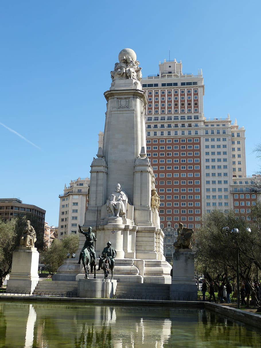Madrid, Spain, Monument, Space, Statue, cervantes, poet, don quijote HD wallpaper