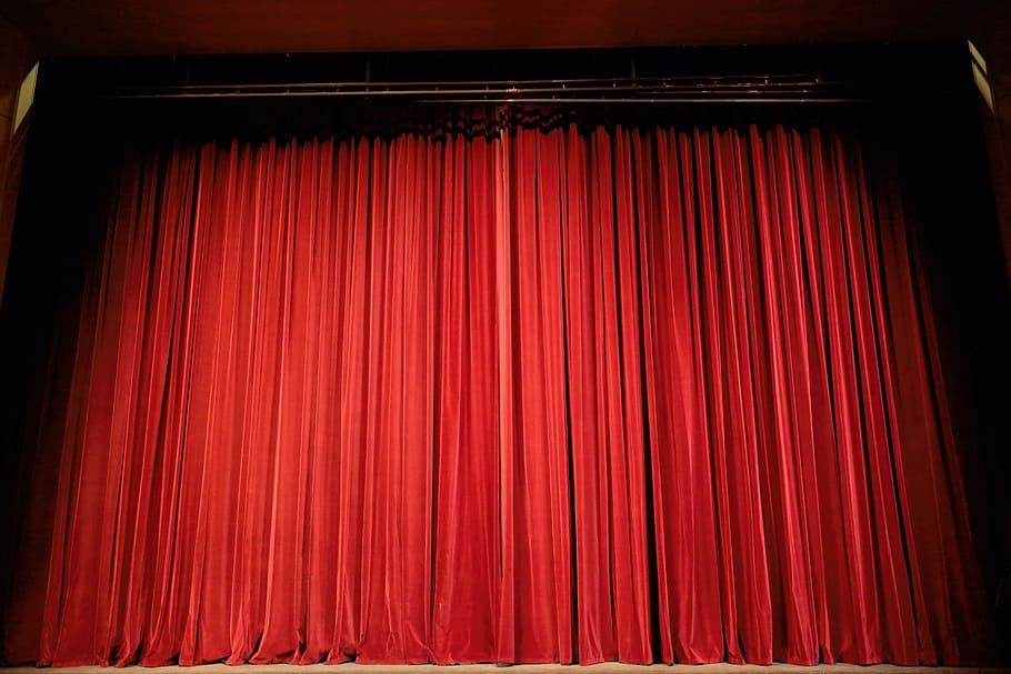 closed red theater curtains, stage, event, act, entertainment, HD wallpaper