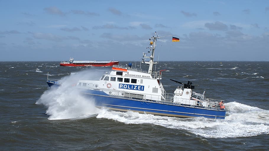 police boat, boot, use, einsatzkraefe, cuxhaven, north sea HD wallpaper