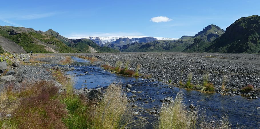 Iceland, Mark, River, Pebble, thor mark, mountains, nature HD wallpaper