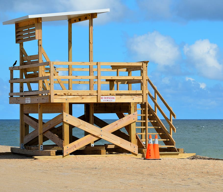 life guard, stand, beach, ocean, sand, sky, safety, protection