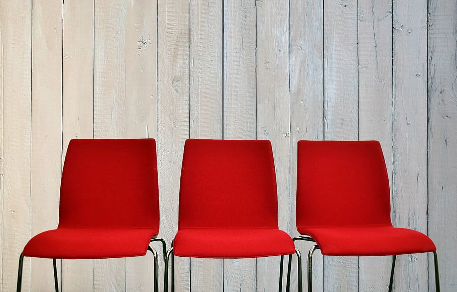 three red-and-gray metal chairs, wait, sit, seat, break, seats HD wallpaper