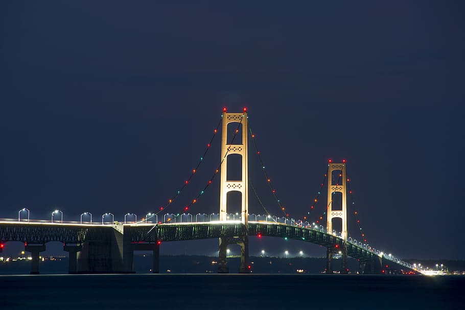 Mackinac Bridge, white suspension bridge during nighttime, sky HD wallpaper