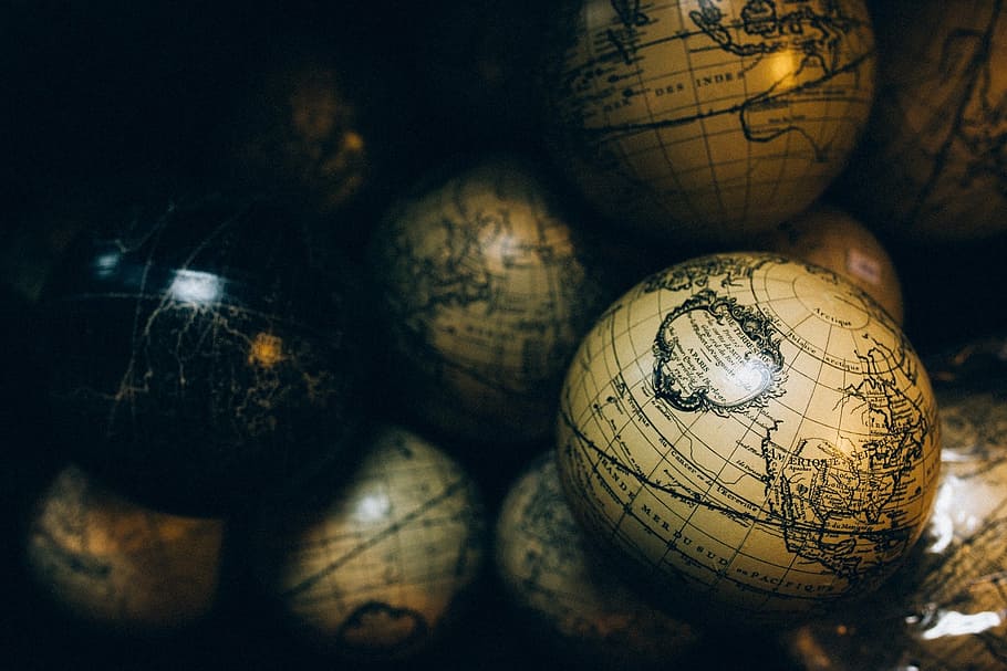 brown-and-black globe model lot, globes, spheres, maps, ball HD wallpaper