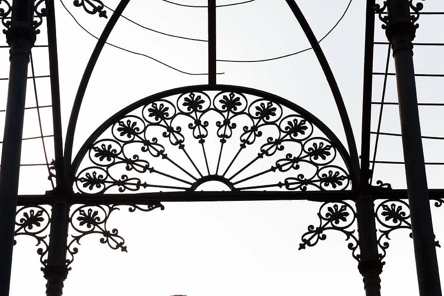 wrought iron, pavilion, standing, slightly, building, springing forward HD wallpaper