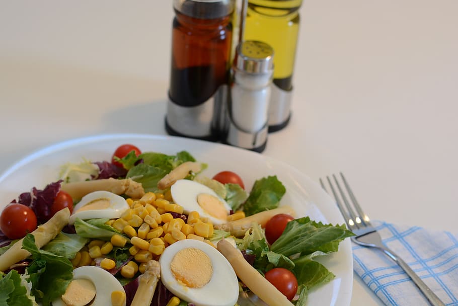 salad, corn, lettuce, asparagus, oil, tomato, egg, food, food and drink HD wallpaper