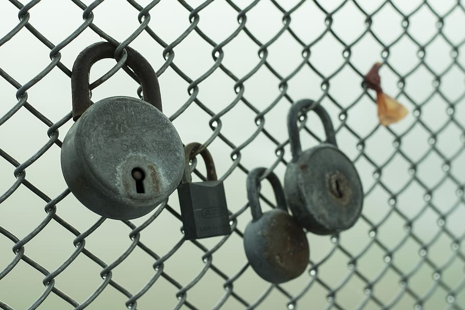 lock, fence, four, padlock, iron, steel, security, protection HD wallpaper