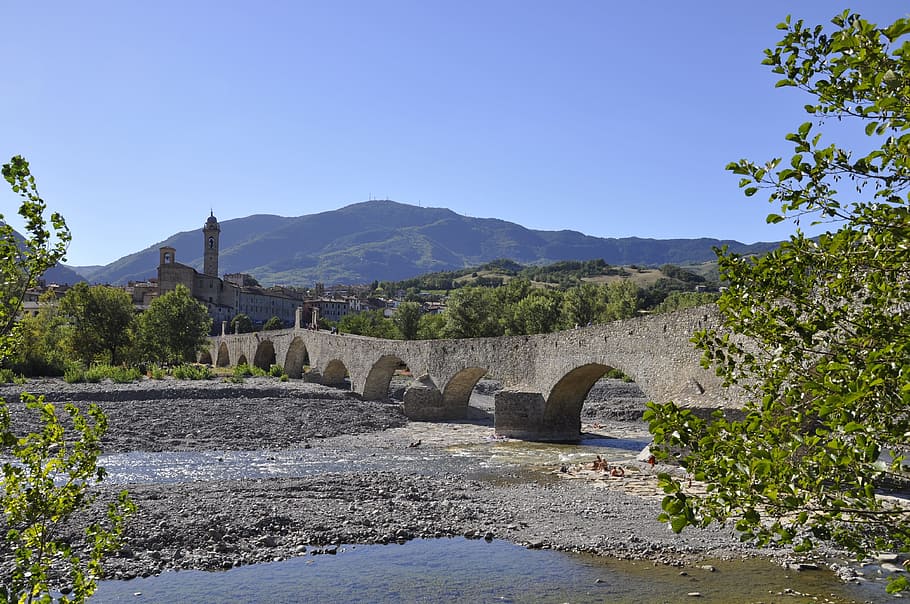 roman bridge, stone, bobbio, arc, river, water, architecture HD wallpaper