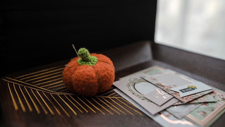 orange pumpkin pin cushion, orange pumpkin plush toy, needle HD wallpaper