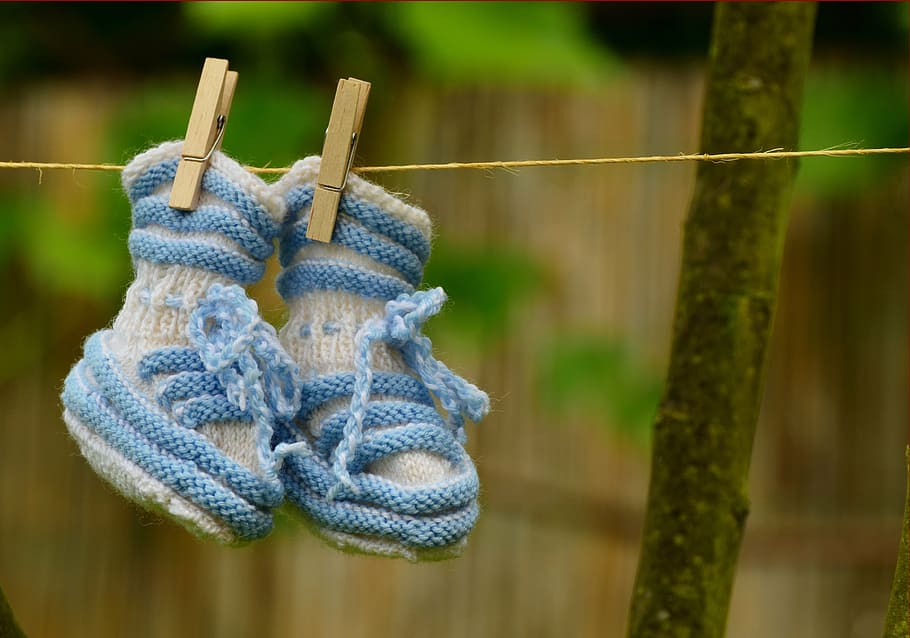 pair of white-and-blue shoes, baby, boy, greeting, birth, baby shoes, HD wallpaper