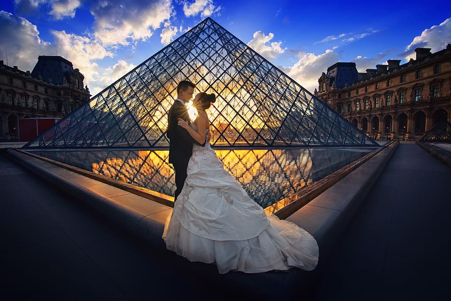 couple standing rooftop, wedding, luxury, bride, background, paris, HD wallpaper