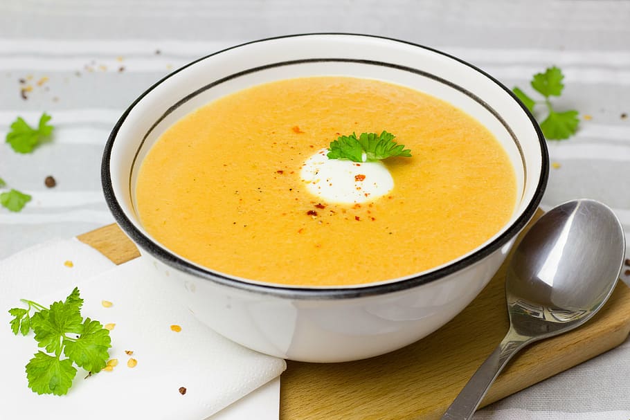 porridge with hard-boiled egg and parsley, soup, carrot, ginger, HD wallpaper
