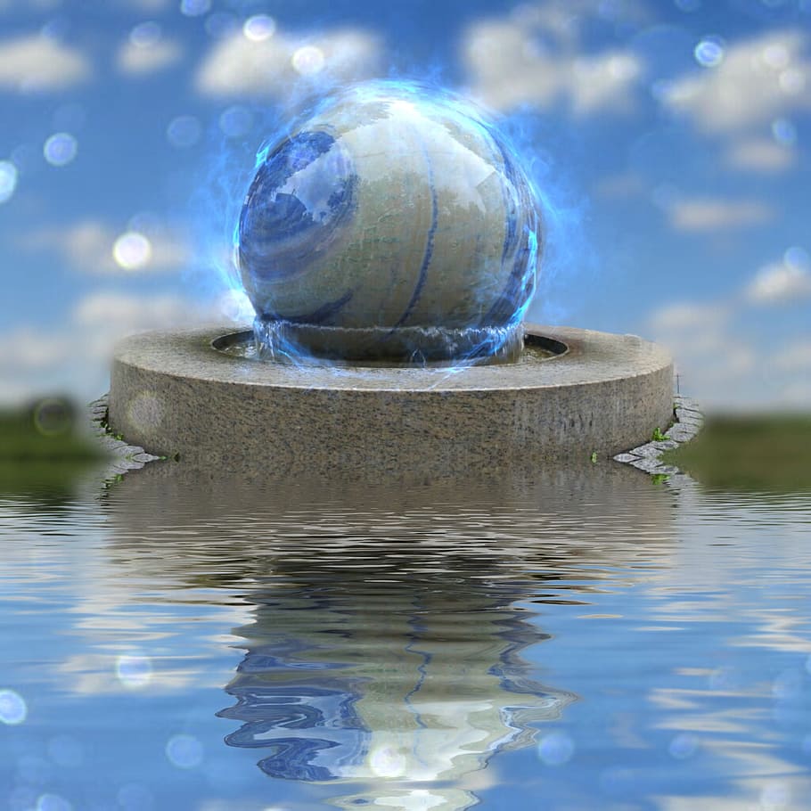 fountain, ball, water, reflection, image editing, nature, blue HD wallpaper