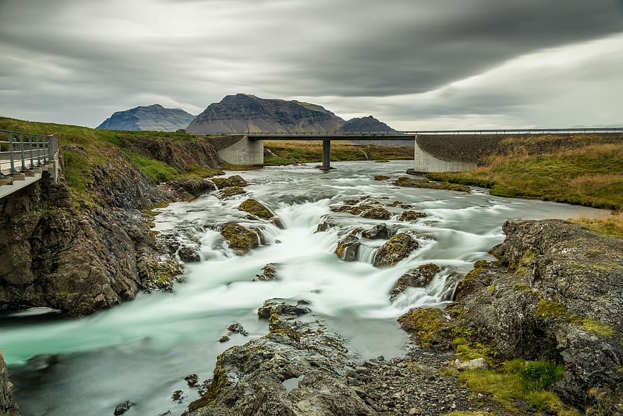 river between mountains under white sky, waters, nature, waterfall HD wallpaper