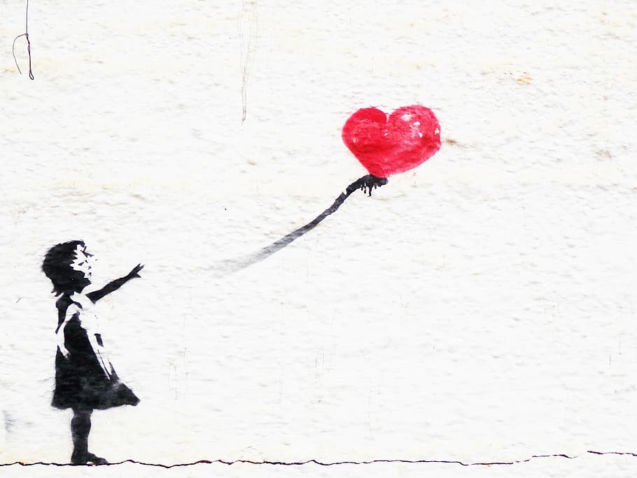 holding holding heart-shaped red balloon painting, graphite, wall, HD wallpaper