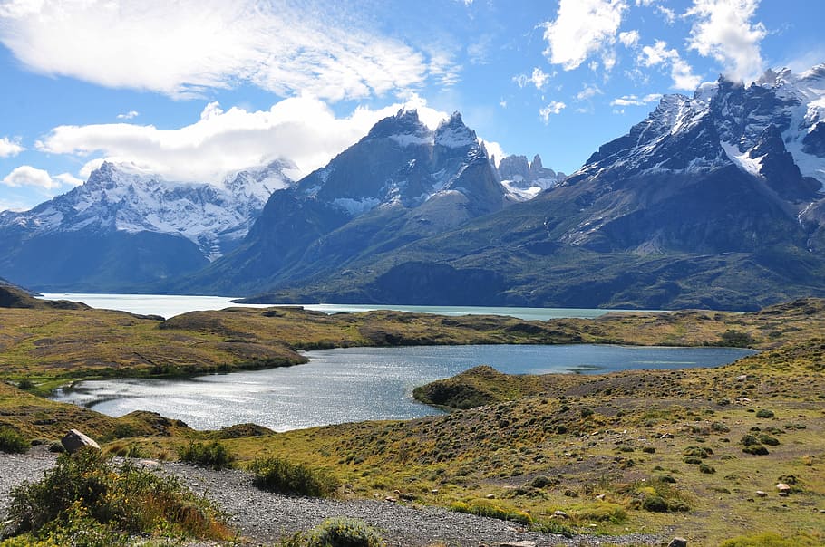 mountains and body of water under sunny sky, nature, river HD wallpaper