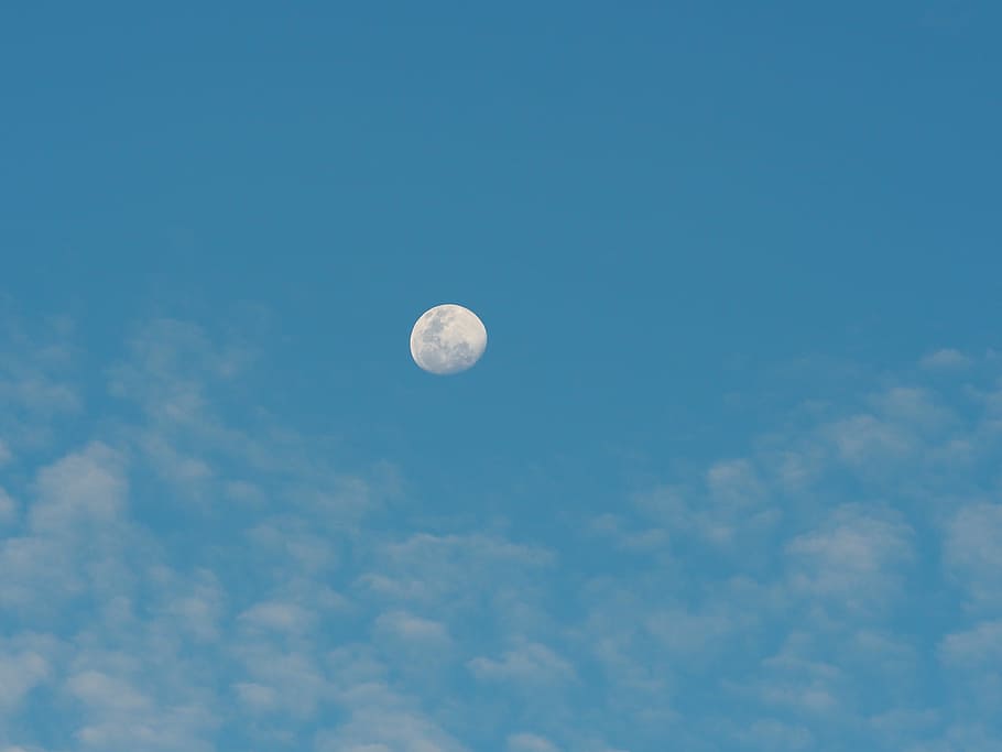 white clouds under full moon, clouds and full moon, sky, daytime moon HD wallpaper