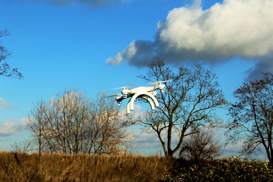 drone, flight, fly, rotor, aircraft, sky, tree, cloud - sky HD wallpaper