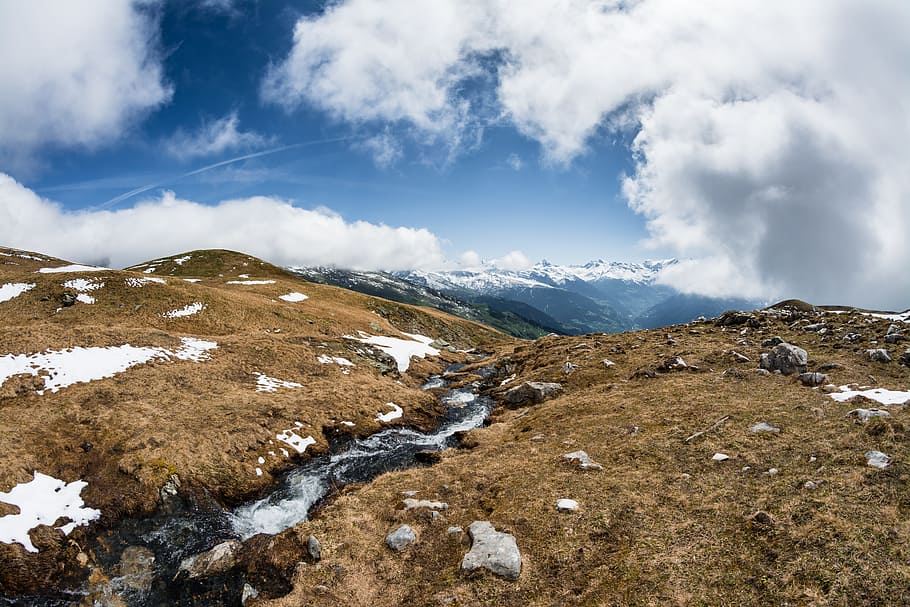 mountain stream, spring, clouds, snow, blue, white, green, alpes HD wallpaper