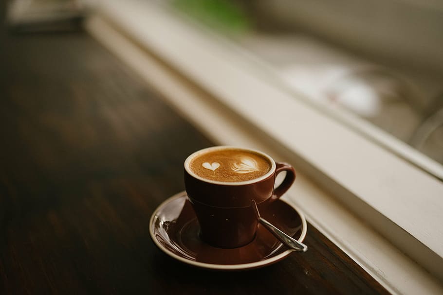 brown ceramic coffee mug on saucer, caffeine, cappuccino, cup, HD wallpaper