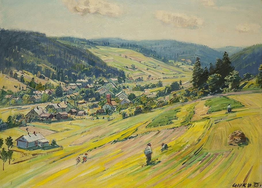 farm and houses painting, Stanislav Lolek, Landscape, Painting, HD wallpaper