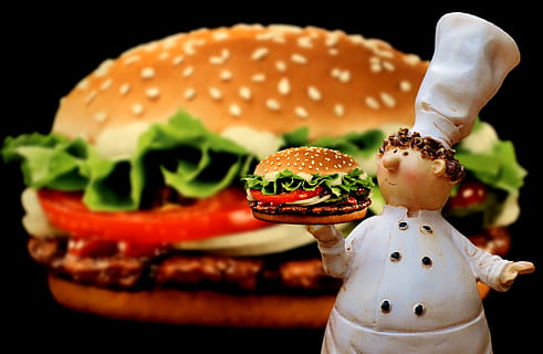 chef carrying burger ceramic figurine, hamburger, cheeseburger HD wallpaper