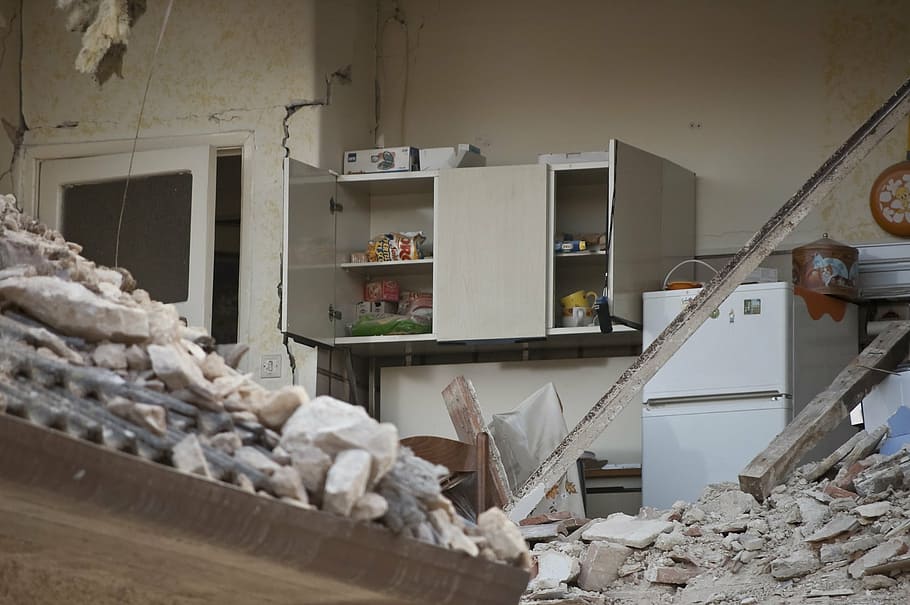 white wooden wall-mount cabinet, earthquake, rubble, collapse HD wallpaper