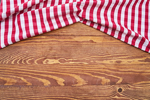 white and red striped textile on brown wooden panel, table HD wallpaper