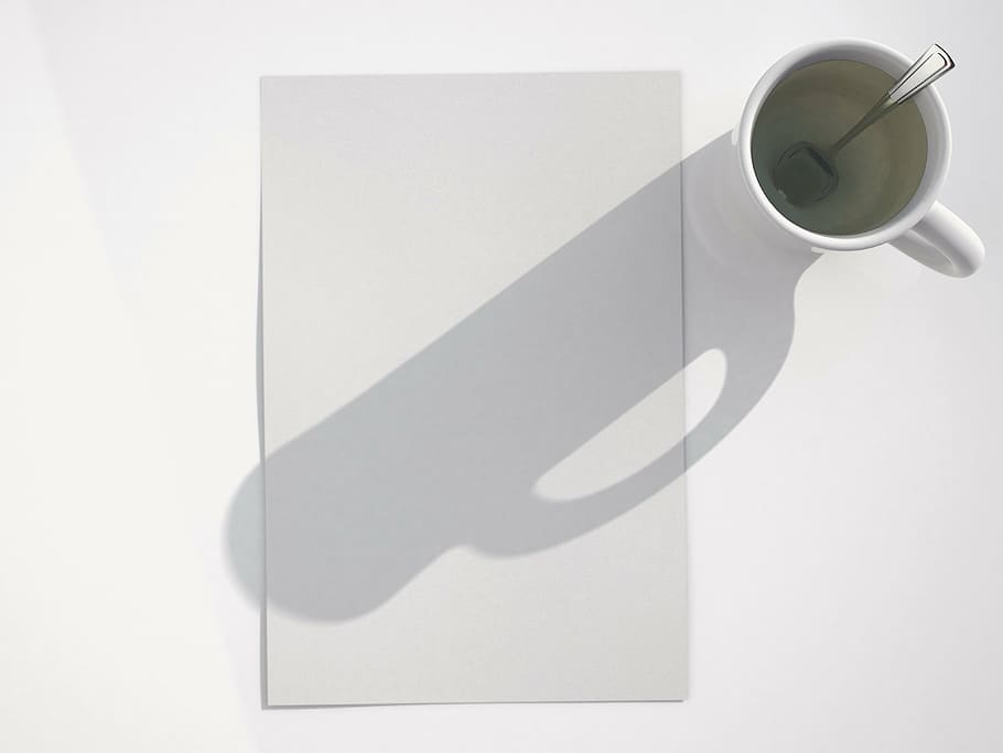 shadow of mug with tablespoon on white printer paper, letters HD wallpaper