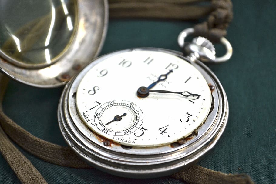 silver-colored pocket watch at 12:10, Time, Pocketwatch, White Rabbit, HD wallpaper