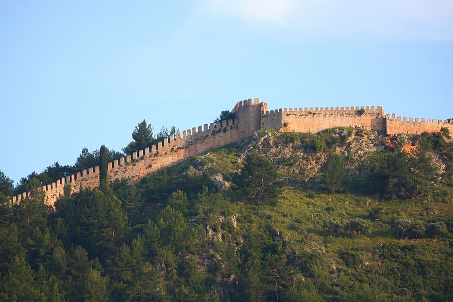 castle, alanya, tower, forest, garden, mountain, panoramic