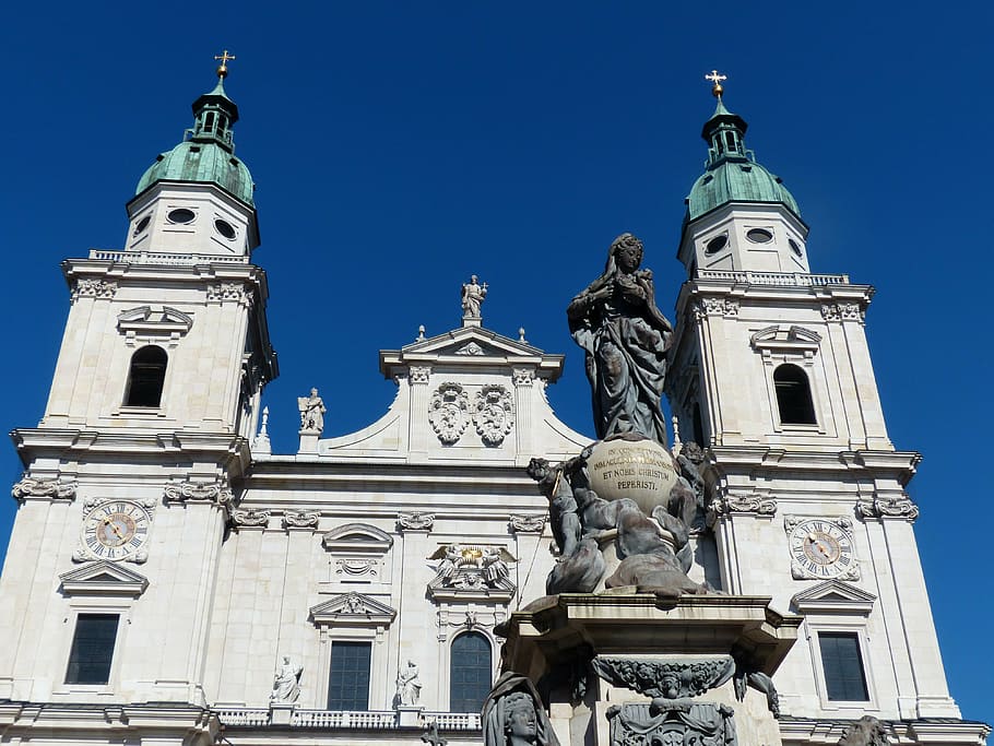 white and teal concrete cathedral, marian column, pillar, figure, HD wallpaper