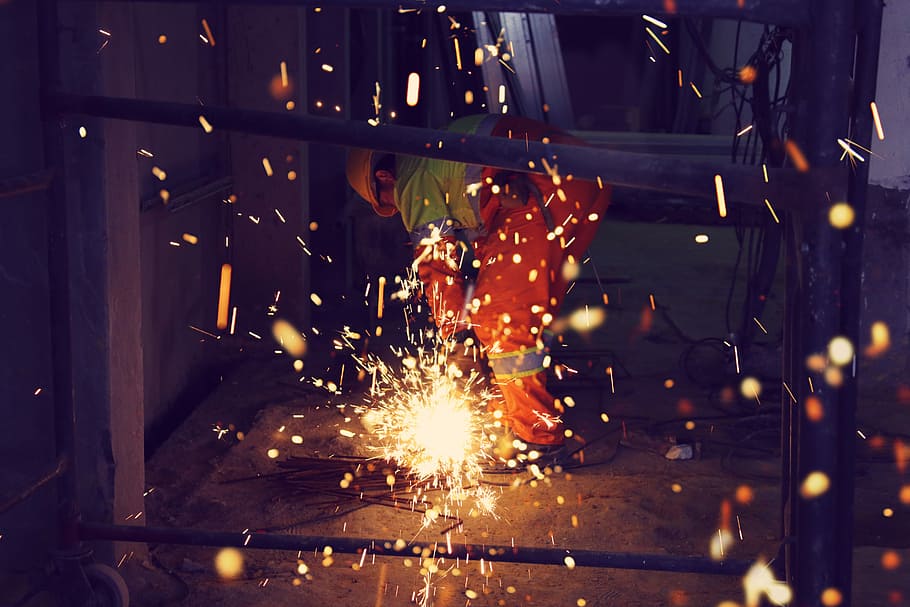 time lapse photography of lights, man cutting steel bars, spark HD wallpaper