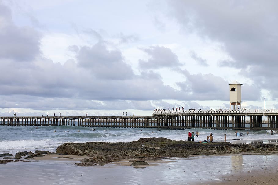 landscape, beach, bridge, mar, sea, people, water, cloud - sky HD wallpaper