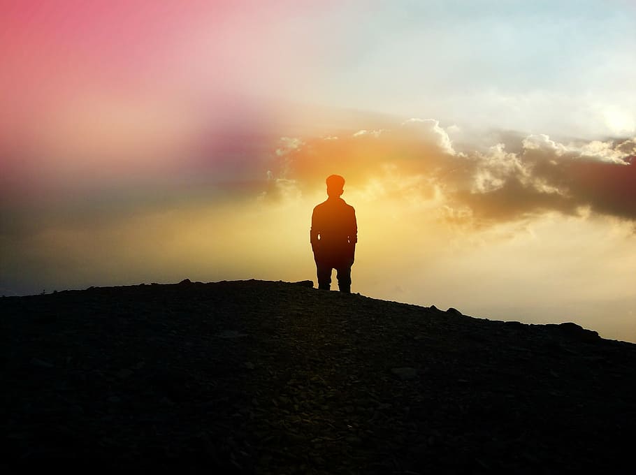 man's silhouette during golden time photo, sunset, sky, clouds HD wallpaper