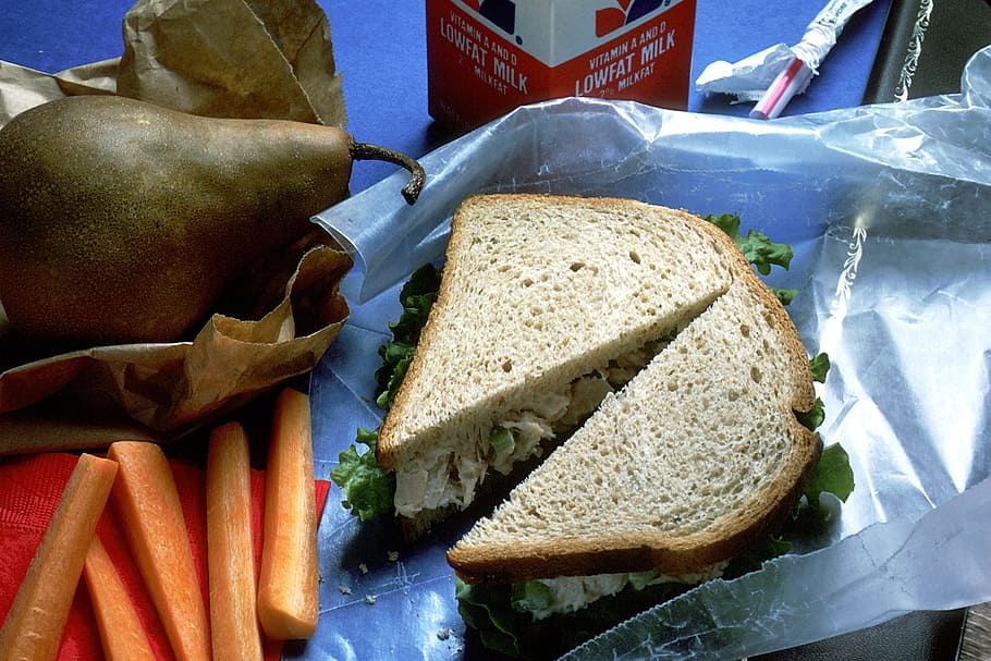 sandwich with lettuce on table, lunch, chicken salad sandwich, HD wallpaper