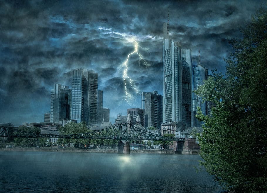 lightning between high-rise buildings, frankfurt, flash, thunderstorm HD wallpaper