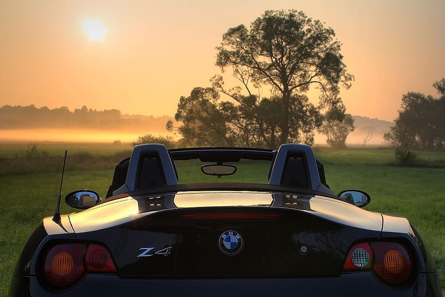 BMW Z4 convertible parked on green grass field during golden hour