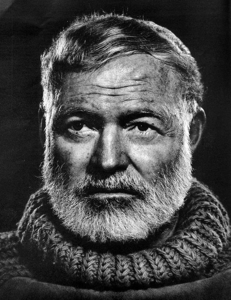 grayscale photo of man, ernest hemingway, author, journalist