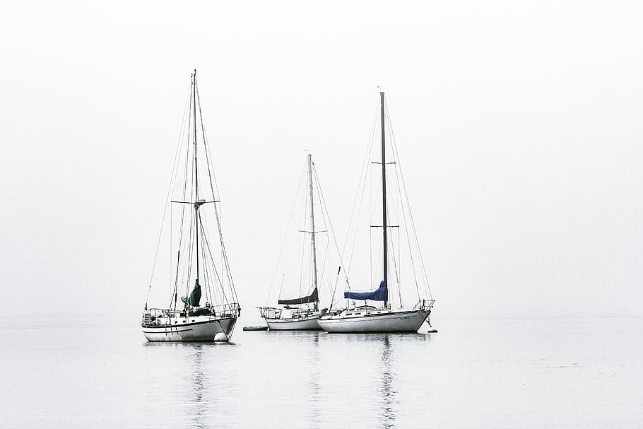 three white boats on sea during daytime, three boats sailing on water
