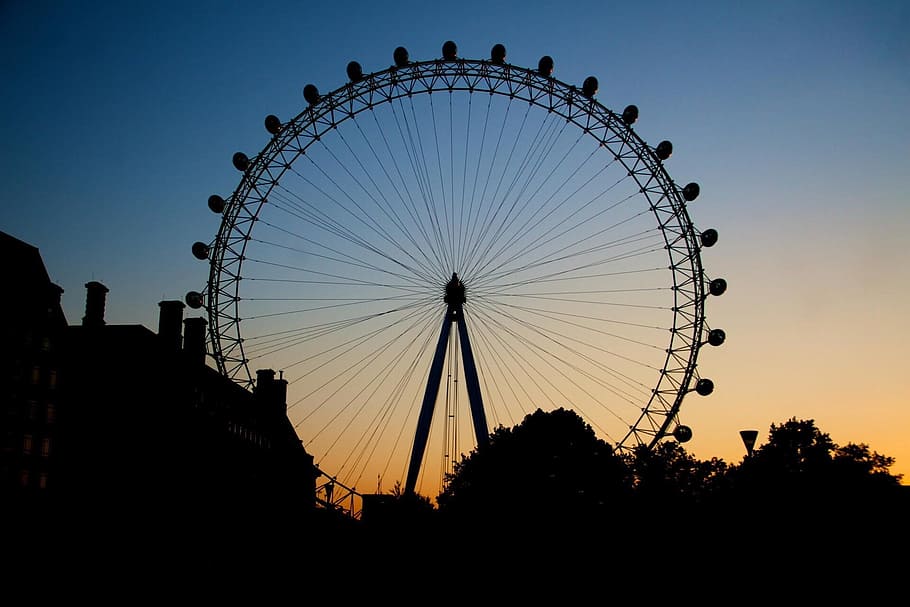 evening, sunset, wheel, sky, ferris wheel, amusement park ride HD wallpaper