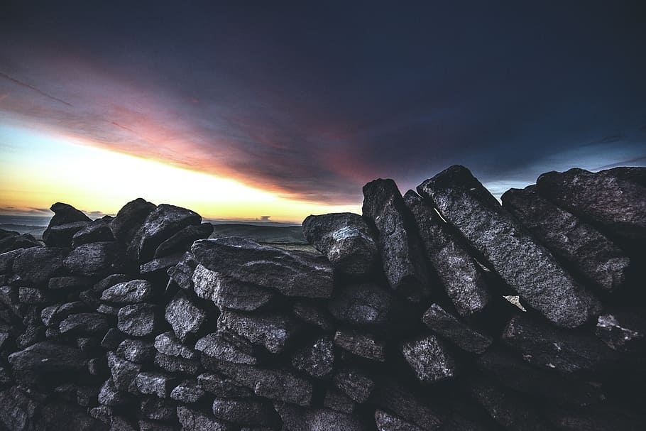 gray rocks under blue sky, landscape photography, boulder, sunset HD wallpaper
