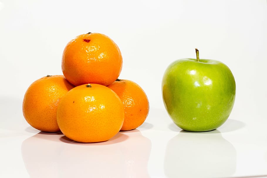 green apple and orange fruit, freshness, food, citrus Fruit HD wallpaper